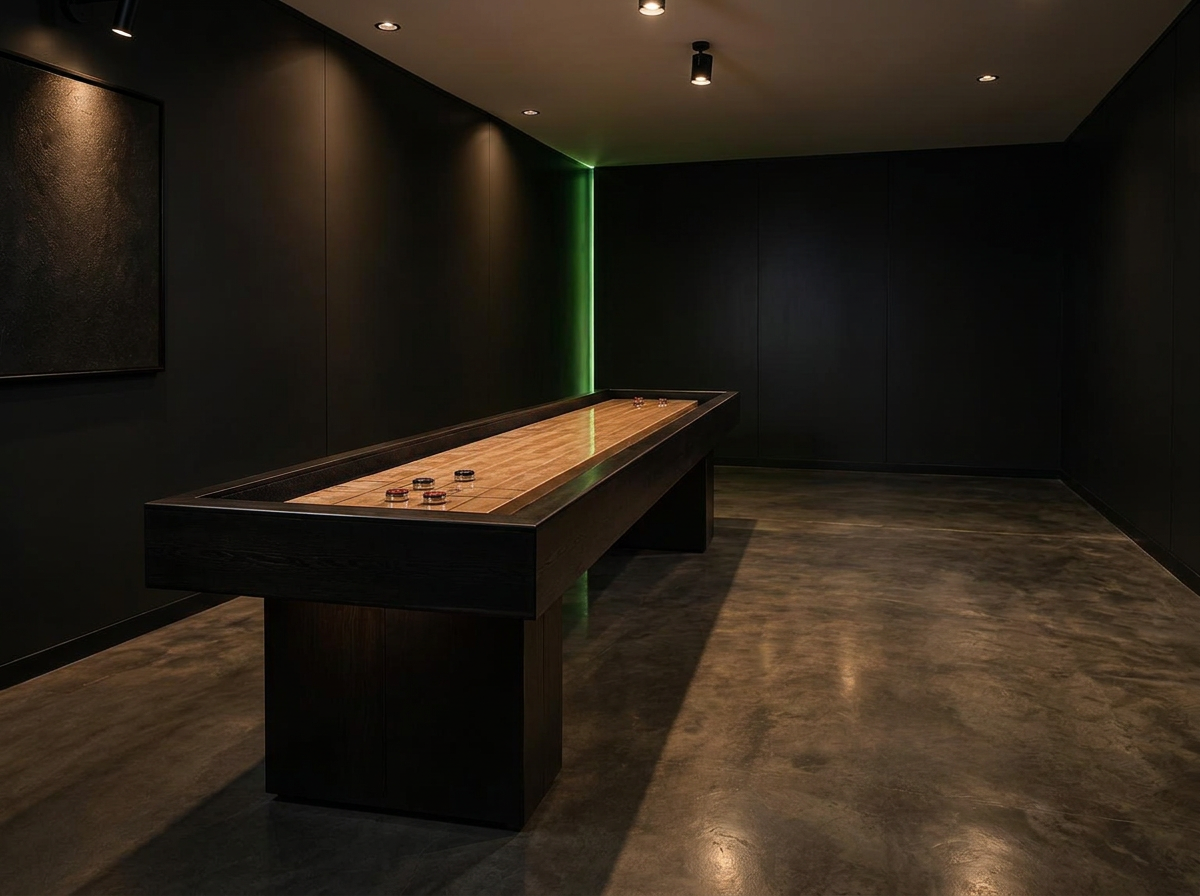 Shuffleboard längs vänstra väggen i ett mörkt, avskilt rum