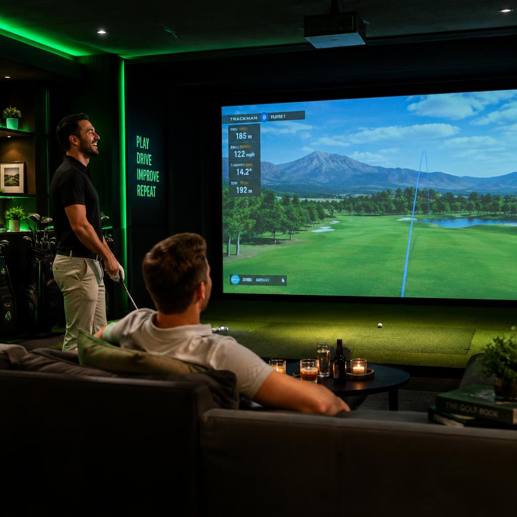 Vänner som tittar på ett golfslag i simulatorsalongen