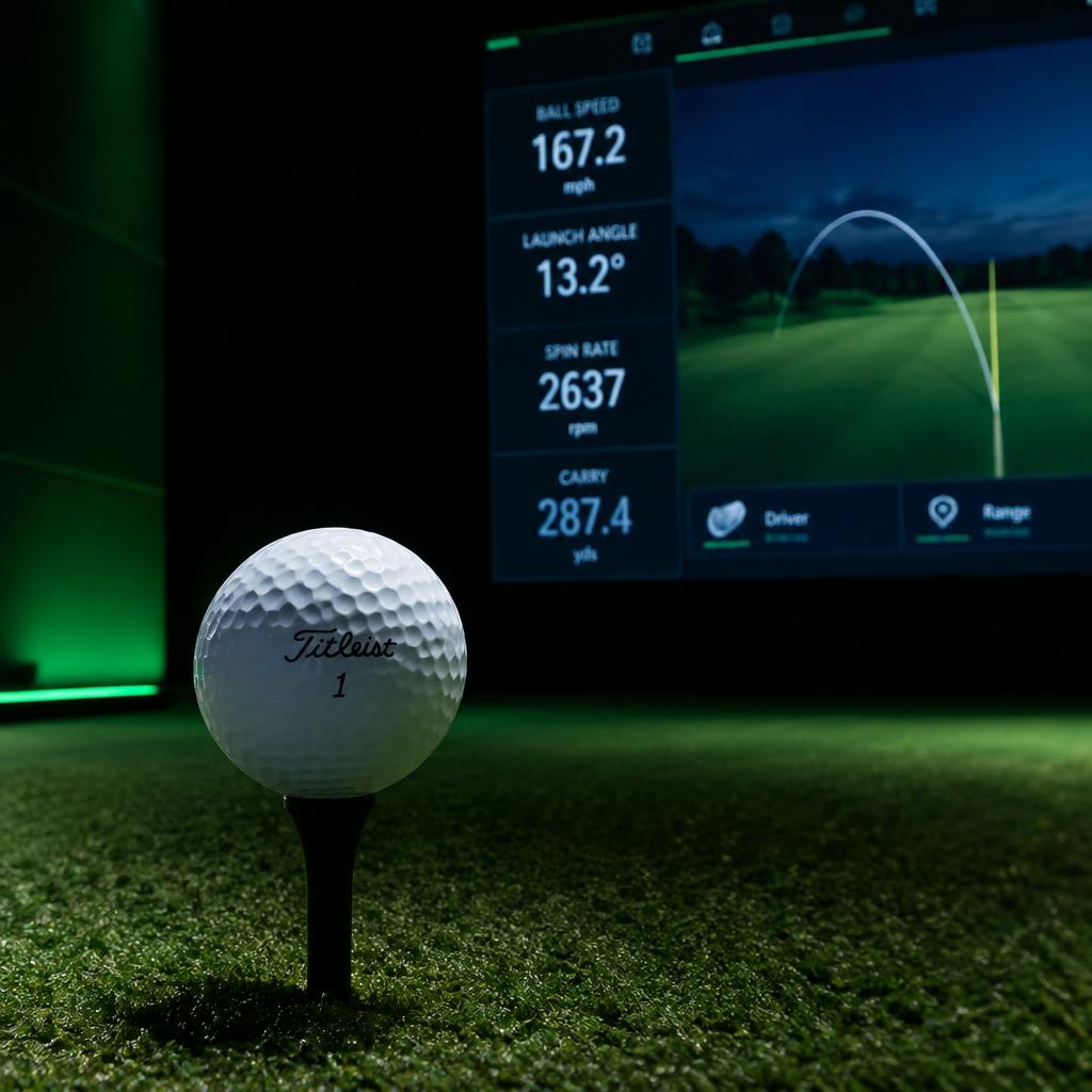 Golfboll på tee med slagdata från Trackman på skärmen
