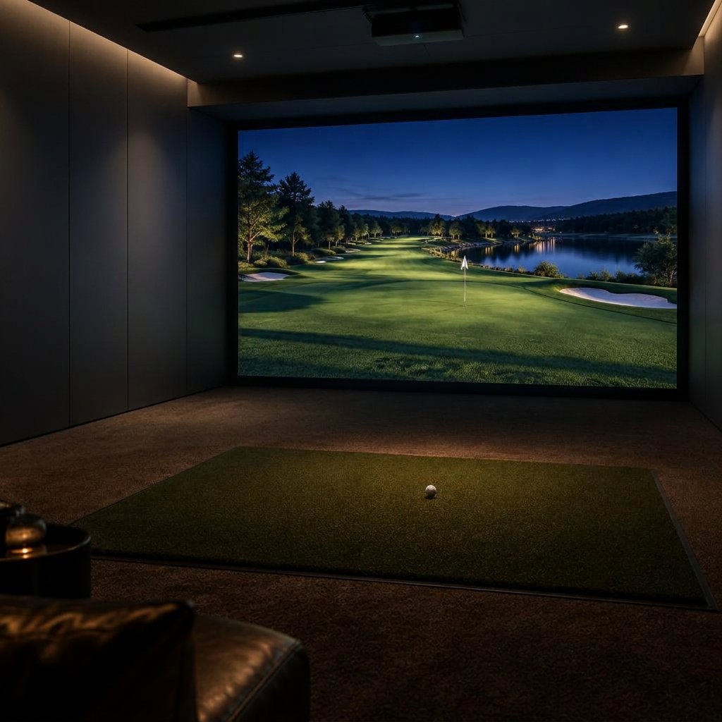 Stor skärm med virtuell golfbana i studion